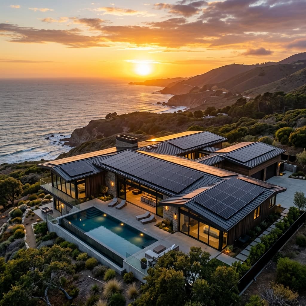 Cinematic drone shot of residential solar panels
